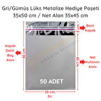 35x50 cm Gümüş Renk Bantlı Lüks Metalize Hediyelik Poşet (50 Adet)