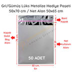 50x70 cm Gümüş Renk Bantlı Lüks Metalize Hediyelik Poşet (50 Adet)