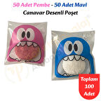 100 Adet Pembe-Mavi Renkli Canavar Desenli Cake Pop & Kurabiye Poşeti-10x15 cm