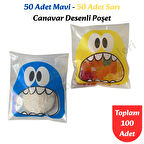 100 Adet Mavi-Sarı Renkli Canavar Desenli Cake Pop & Kurabiye Poşeti-10x15 cm