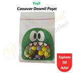 50 Adet Yeşil Canavar Desenli Cake Pop & Kurabiye Poşeti-10x15 cm