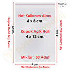 4x8+4 cm.(4x12) 50 Adet Şeffaf Bantlı Yapışkanlı OPP Poşet