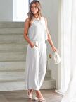 Barbora Keten Yazlık Yüksel Bel Capri Pantolon Sırt Detaylı Kolsuz İkili Takım Ln26ekru1