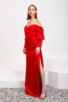 Kırmızı Uzun Kol Straplez Saten Abiye Elbise