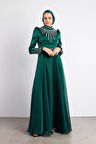 Yeşil Ebru Tesettür Abiye Elbise