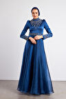 Lacivert Ebru Tesettür Abiye Elbise