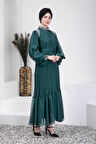 Taşlı Piliseli Yeşil Tesettür Abiye Elbise