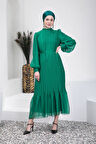 Yeşil Piliseli Tesettür Abiye Elbise