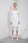 Kare Yaka  Uzun Kollu Dantelli Midi Boy Beyaz Abiye Elbise