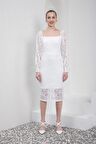Kare Yaka  Uzun Kollu Dantelli Midi Boy Beyaz Abiye Elbise
