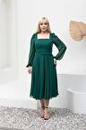 Kare Yaka Büyük Beden Yeşil Abiye Elbise