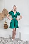 Yeşil Mini Kemerli Saten Abiye Elbise