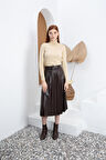 Kemerli Kahverengi Pliseli Deri Etek
