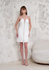 Önü Şeritli Beyaz Mini Abiye Elbise