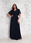 Lacivert V Yaka Önü İşlemeli Büyük Beden Abiye Elbise