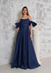 Kol Detaylı Boyundan Askılı Uzun Lacivert Abiye 