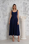 Askılı Lacivert Saten Abiye
