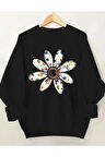 Çiçek Baskı Detaylı Bisiklet Yaka İçi Polarlı Sweatshirt
