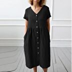 Barbora Keten Günlük Yazlık V yaka Kısa Kol Düğme Detaylı Kadın Elbise LN278siyah2