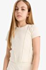 DeFacto Kız Çocuk Slim Fit Dar Kesim Bisiklet Yaka Basic Düz Ribana Kısa Kollu Tişört C0104A825SMER98