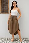 Kadın yüksek bel belden bağlamalı asimetrik kesim detaylı sandy etek