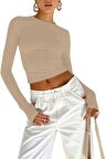 Bej Bisiklet Yaka Bluz Darkalıp Ribana Kumaş Parmak Detaylı Basic Body