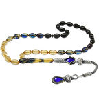 1000 Ayar Gümüş Kazaz Püsküllü Arpa Kesim Süzme Mavi-Beyaz Ateş Kehribar Tesbih