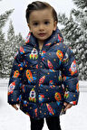 Erkek Çocuk Polarlı Kapüşonlu Roket Desenli Kışlık Şişme Mont & Kaban & Parka