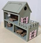 Boyalı ahşap çatısı açılır oyuncak barbie evi (aksesuarlı)