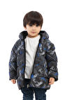 Erkek Çocuk Saks Antrasit Dijital Desen Polar Su Ve Rüzgar Geçirmez Kapüşonlu Şişme Kışlık Mont
