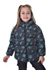 Kız Çocuk Siyah Yeşil Dijital Desen Polar Su Ve Rüzgar Geçirmez Kapüşonlu Şişme Kışlık Mont