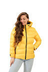Kadın Sarı Kapüşonlu Polarlı Kürklü Su Geçirmez Rüzgara Dayanıklı Şişme Mont Kaban Parka