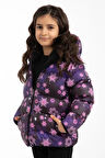 Kız Çocuk Mor Kar Tanesi Desen Polar Su Ve Rüzgar Geçirmez Kapüşonlu Şişme Kışlık Mont