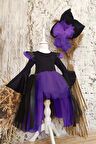 Cadılar Bayramı Siyah Deri Detaylı Cadı Kız Elbisesi Ve Cadı Şapkası, Kız Çocuk Halloween Elbisesi