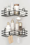 Yapışkanlı 2 Adet Banyo Köşeliği Köşe Rafı Duş Şampuanlık Duvar Düzenleyici OrganizerRaf Siyah Metal