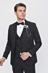 Desenli Armürlü Mono Yaka Astarlı Yelekli 6 Drop Slim Fit Dar Kesim Smokin Damatlık 1001220201 Siyah