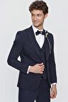 Desenli Armürlü Kırlangıç Yaka Astarlı Yelekli 6 Drop Slim Fit Dar Kesim Smokin Damatlık 1001220203 Koyu Lacivert