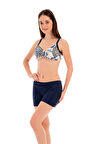 RUKOMAYO LACİVERT ZİNCİR  DESENLİ OMZUDAN AYAR ASKILI TOPARLAYICI MODEL BALENLİ LYCRA KUMAŞ ŞORTLU BİKİNİ