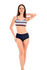 RUKOMAYO LACİVERT ÇİZGİ DESENLİ OMUZDAN ASKILI FREESET MODEL YÜKSEK BEL LYCRA KUMAŞ BİKİNİ 