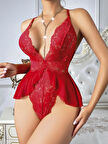 Kırmızı Dantel İşlemeli Fantezı Body Gecelik