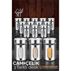 Cam+Çelik Tuzluk Biberlik Karabiberlik 3 Farklı Delikli 12 li SET