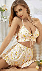Kadın Çiçekli Ekru Askılı Şortlu Pijama Takım 5017