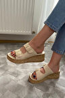 Kadın Bej Çift Bant Kalın Mantar Taban Ortopedik Sandalet Terlik K-270