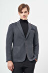 Koyu Lacivert Ekose Desen Örme Mono Yaka Astarsız Çift Yırtmaç 2 Düğme 6 Drop Slim Fit Casual Ceket 1002245152