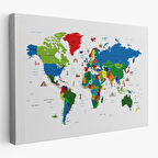 Ünlü Yerler Sembollü Kanvas Dünya Haritası 1002
