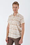 Kısa Kollu Baskılı Apaş Yaka Cepsiz %100 Pamuk Casual Comfort Fit Gömlek 1004230160 Bej