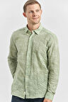 Koyu Yeşil Uzun Kollu Baskılı Gofreli Düğmeli Yaka Cepsiz  Pamuklu Likralı  Slim Fit Gömlek 1004240100