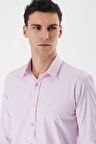 Pembe Uzun Kollu Armürlü Cepsiz Pamuklu Likralı Slim Fit Dar Kesim Gömlek 1004240193