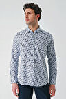 Koyu Lacivert Uzun Kollu Baskılı Garnili Pamuklu Casual Slim Fit Dar Kesim Gömlek 1004240211