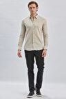 Bej Uzun Kollu Biritli Yaka Biyeli Pamuklu Likralı Casual Slim Fit Dar Kesim Gömlek 1004240232